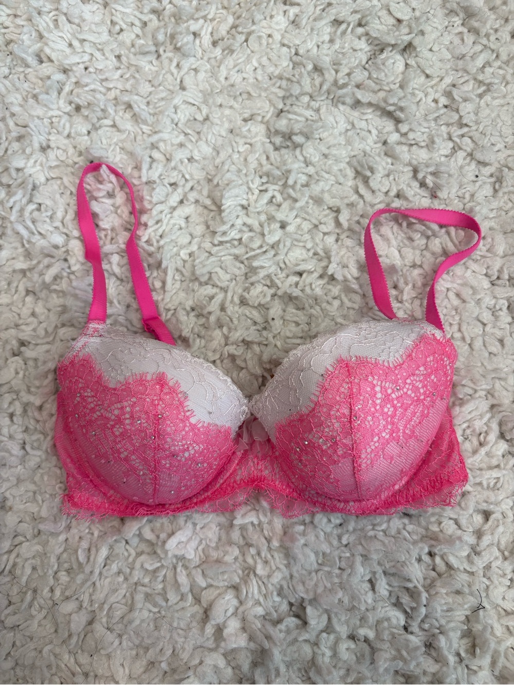 Victoria's Secret Vintage Dream Angel Hot Pink Lace Rhinestones Y2K Bra